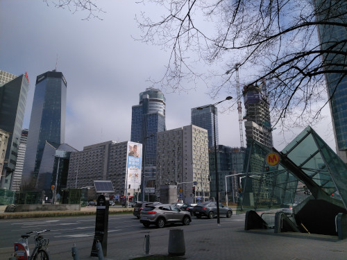 Q22, Spektrum Tower, Cosmopolitan building, SkySawa office building - view from ONZ Roundabout, Warsaw