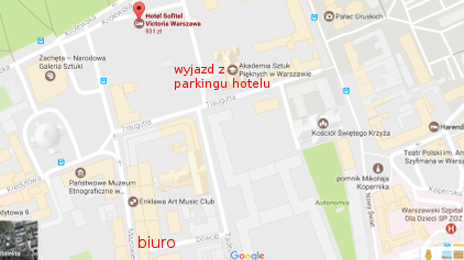 mapa z położeniem biura i parkingu hotelu Victoria Warszawa